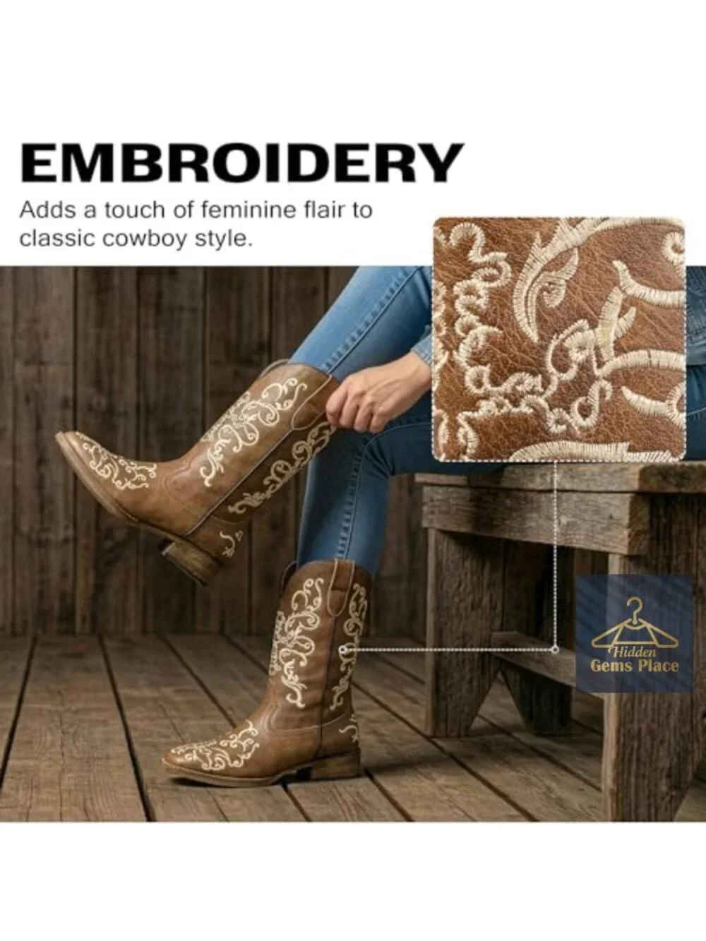 Floral Embroidery Sequin Wide Square Toe Mid Calf Cowgirl Boots